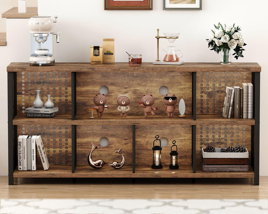 Rustic Horizontal Bookshelf, Industrial Bookcase Cube Storage Organizer, Wide Large Metal Wooden Office Cube Shelf, Farmhouse Low Long Book Shelf for Home Bedroom Living Room, Rustic Brown, 63 In