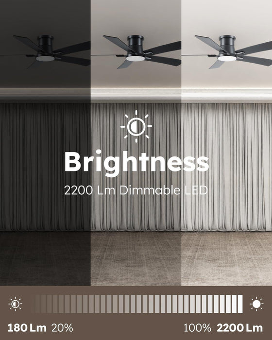 52 Inch Ceiling Fans with Lights and Remote, Black Low Profile Ceiling Fan, Flush Mount Style with 5 Blades, for Indoor Bedroom Living Room/Outdoor, 6 Speed Reversible DC Motor, 3CCT Dimmable LED