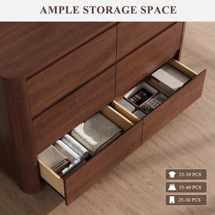 Walnut Dresser for Bedroom with 6 Drawers, 47" W Modern Chest of Drawers with Unique Thickened Foot, Rounded Corner Design, Wooden Dresser Organizer for Bedroom, Living Room, Hallway