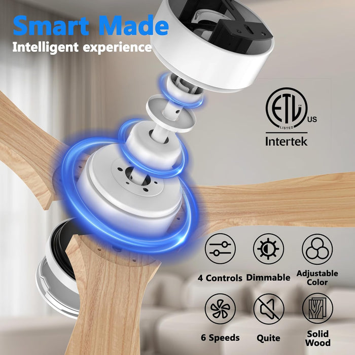 52 Inch Wood Smart Ceiling Fans with Lights Remote,Voice Control via WIFI Alexa App,Quiet DC Motor,Outdoor Indoor Ceiling Fan,Dimmable,Modern Light Wood Lighting & Fan for Bedroom Patio Porch