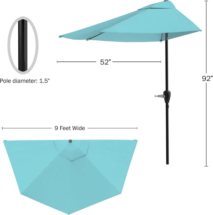 Half Umbrella Outdoor Patio Shade - 9 Ft Patio Umbrella with Easy Crank - Small Canopy for Balcony, Table, or Deck (Brilliant Blue)