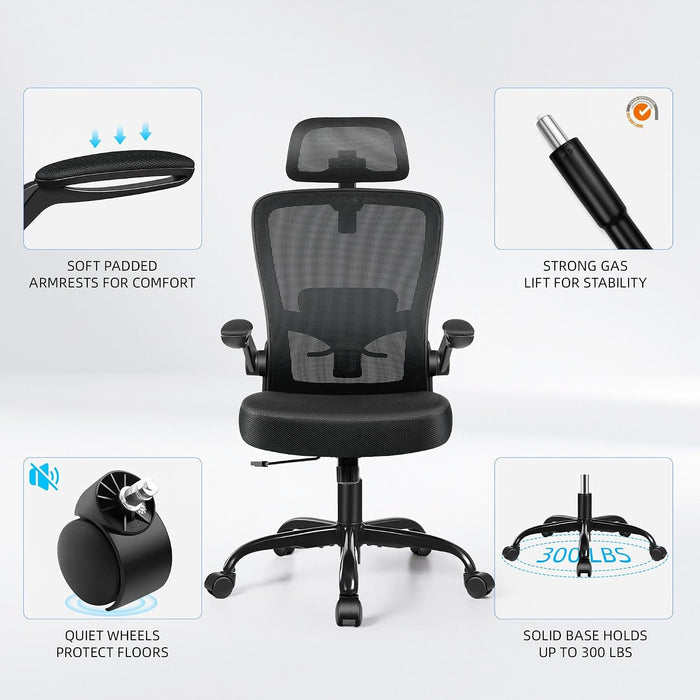 Office Chair, Desk Chair with Adjustable Lumbar Support, Ergonomic Computer Chair with High Back and Armrest, Adjustable Height Gaming Chair Home Office Swivel Chair(Black)