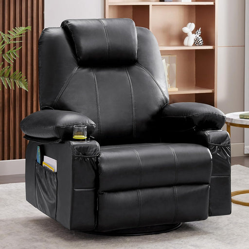 Oversized Swivel Rocker Recliner Chair with Heat and Massage, 360 Degree Swivel Rocking Single Sofa with Cup Holders and USB Port, Big Large Recliner Chair for Living Room (Leather, Black)