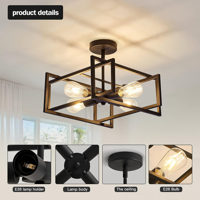 4-Lights Close to Ceiling Light，Black Light Fixture Industrial Flush Mount Ceiling Light ，Farmhouse Chandelier Lighting for Kitchen Island Dining Room Bedroom Foyer Hallway
