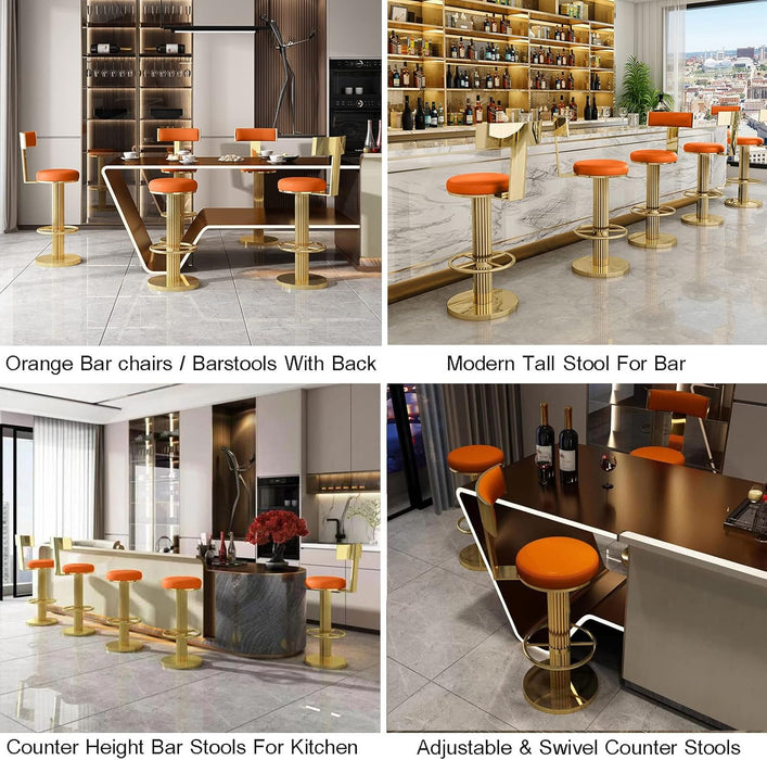 Counter Height Bar Stools with Back, Modern Adjustable Height Barstools Swivel Bar Chair with Polished Gold Stainless Steel Legs for Kitchen Island Counter Living Room Coffee Shop (Orange)