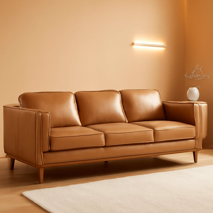 Valencia Artisan Full Leather Sofa 88” - Pure Full Italian Nappa Leather Couch, Solid Wood Accent, Ultimate Comfort, Cognac Tan