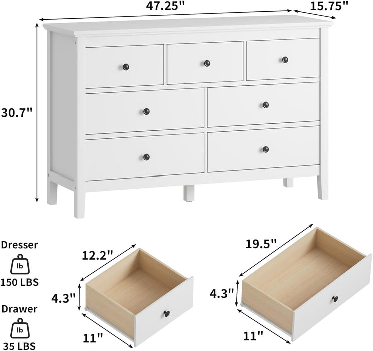 47" White Dresser for Bedroom with 7 Drawer & Metal Handles