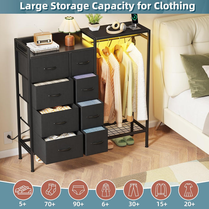 8-Drawer Dresser with Hanging Rack for Bedroom, Black, 11.8" D