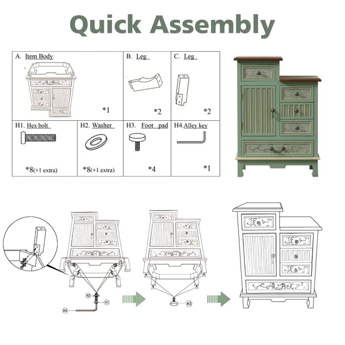 Fienley Farmhouse 1-Door Carved Wood Accent Chest with 5-Drawers, Sage Green Cabinet,Rustic Brown Top