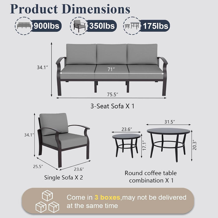 Aluminum Patio Furniture Set with round Coffee Tables, 5-Seat Outdoor Sectional Furniture W/5.1" Cushions, Patio Conversation Set for Porch, Backyard, Poolside-Grey