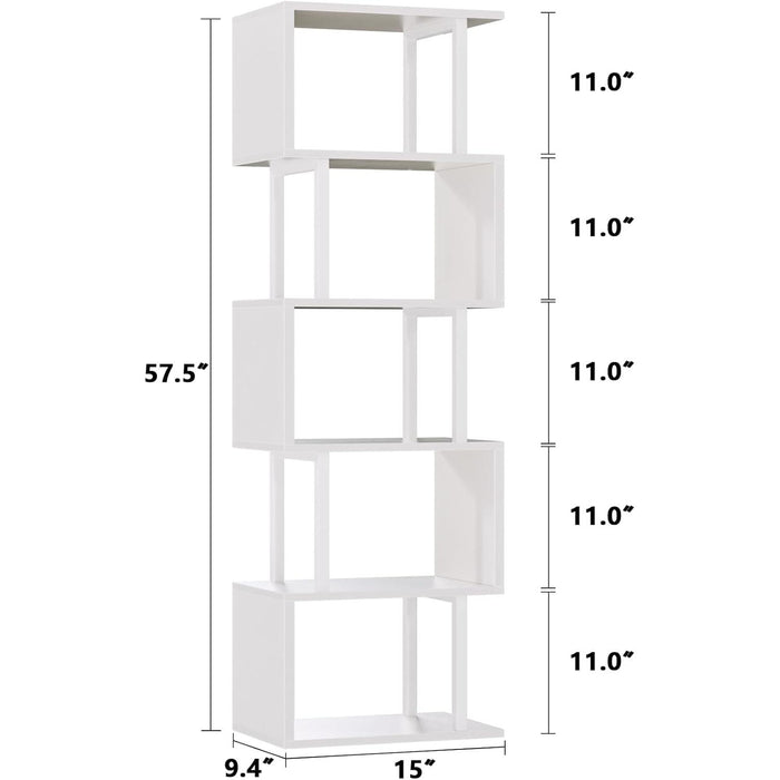 White Geometric Bookshelf 6 Tier S-Shaped Bookcase, Tall Modern Display Storage Shelf, Metal and Wood Decorative Freestanding Room Divider Shelves for Bedroom, Living Room, Office