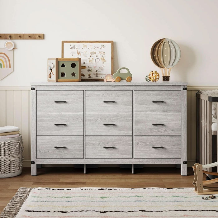 Dresser for Bedroom with 9 Drawers, 59” Wide Chest with Deep Drawer, Modern Farmhouse Dresser TV Stand with Metal Handles, Wood Storage Cabinet for Closet, Living Room, Hallway, Wash Grey