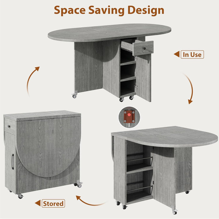 Folding Dining Table for 4 -Foldable Kitchen Dinner Drop Leaf Gateleg Convertible Tables with Storage Drawer and Shelf for Small Spaces Space Saving Kithen Dining Room Furniture (Grey, 51*31.5*30)