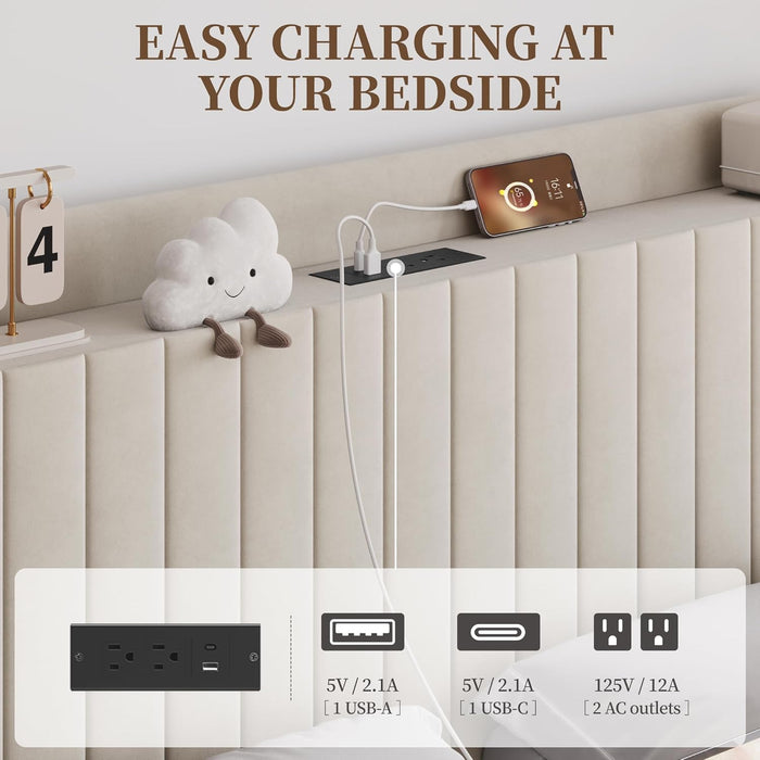 Queen Bed Frame with USB Charging Station and Storage Shelf/Upholstered Headboard Platform Bed with Wing Side/Wooden Slats Support/Noise Free/No Box Spring Needed/Easy Assembly, Cool Beige