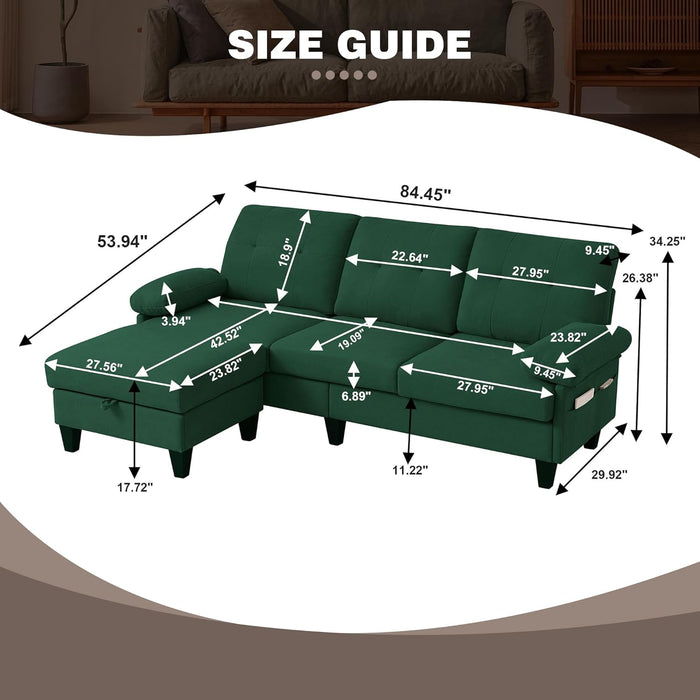 84-Inch Green Convertible L-Shaped Sectional Sofa Chaise