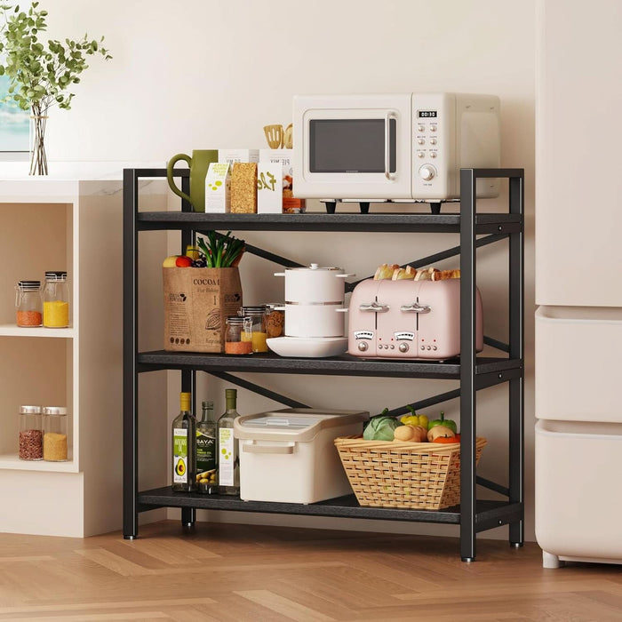 3 Tier Bookshelf 31.49" Width, Wood and Metal Etagere Bookcase, Vintage Farmhouse Modern Wooden Big Book Shelf for Home Living Room Bedroom Office Storage(Black)