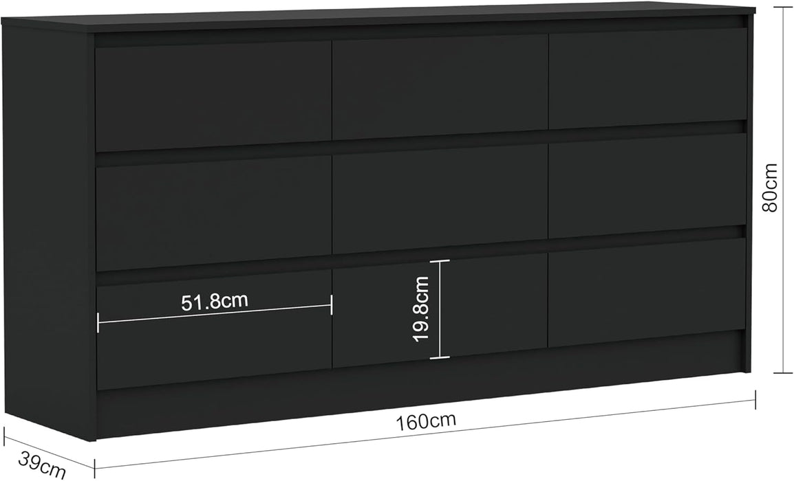 Modern 9 Drawer Wood Dresser for Bedroom, Large Floor Storage Drawer Cabinet Lateral Chest of Drawers Handle Free Organizer for Closet Living Room (Black, 9 Drawer)