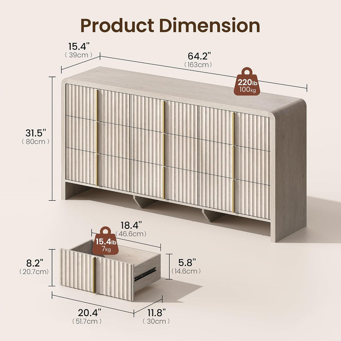 Fluted 9 Drawer Dresser for Bedroom, 64.2" Wide White Chest of Drawers, Modern Wood Storage Cabinet with Metal Handles, Anti-Tip Clothes Organizer, Grey