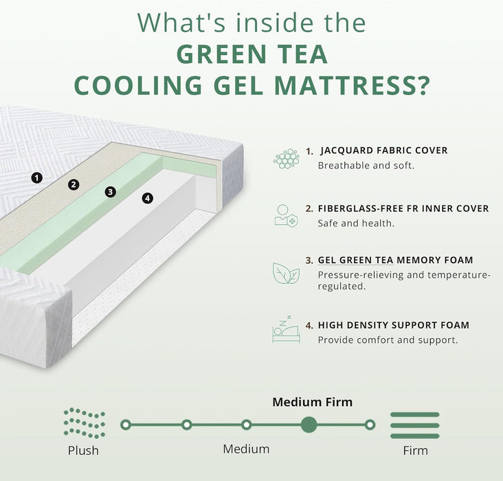 Twin Mattress - 8 Inch Green Tea Memory Foam Mattress- Twin Mattresses in a Box - Certipur-Us Certified Fiberglass Free - Gel Layer - Medium Firm - 75" X 38"