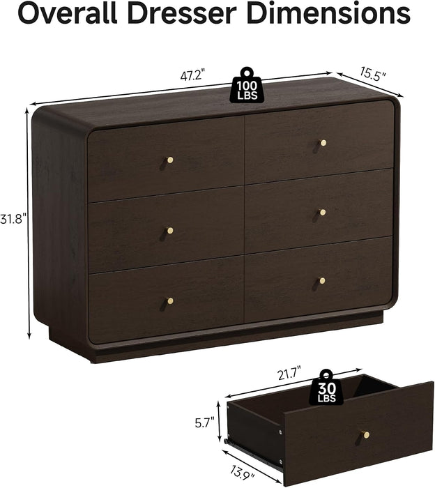 6 Drawer Dresser for Bedroom, 47.2” Wide Modern Chest of Drawers with Curved Profile Design, Wooden Dresser TV Stand with Gold Metal Handles, Large 6 Drawer Dresser for Bedroom, Living Room