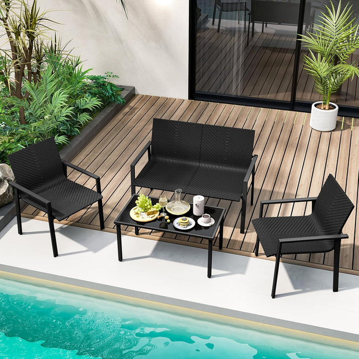 4 Pieces Wicker Patio Conversation Set with Coffee Table, PE Rattan Chairs with Galvanized Metal Frame, Outdoor Table and Chairs Set for Small Space, Balcony, Poolside, Backyard (Black)