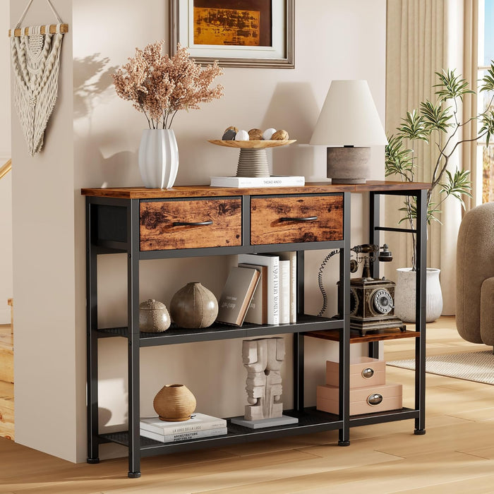 44'' Entryway Table, Industrial Console Sofa Table with Metal Mesh Storage Shelves, Shoe Rack Display Shelf for Front Door, Couch, Kitchen, Fabric Drawers, Rustic Brown
