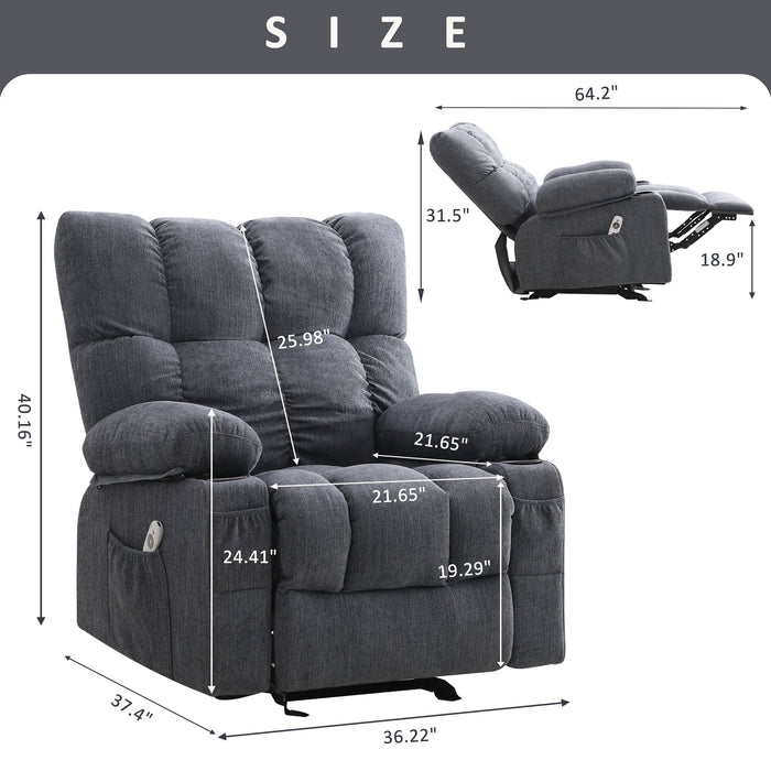 Manual Recliner Chair with Heat Therapy and Massage Function, Heavy Duty Reclining Mechanism Massage Chair, Elderly Single Rocker Sofa with Cup Holders for Bedroom Home Theater,Blue