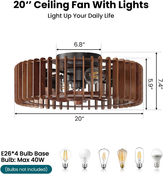 20'' Flush Mount Caged Ceiling Fan with Light, Wooden Low Profile Ceiling Fan with Light and Remote, 6 Speed and Reversible, Farmhouse Bladeless Fan Lights for Bedroom, Kitchen