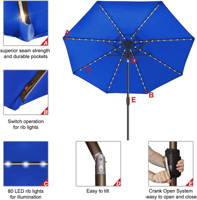 USA 10-Year-Non-Fading 9Ft Market Patio Umbrella, Commercial Grade Table Sun Umbrella with 80 Solar LED Lights, Crank Open, Windproof & UPF 50+ UV Protection for Garden, Deck, Pool, Backyard, Royal Blue