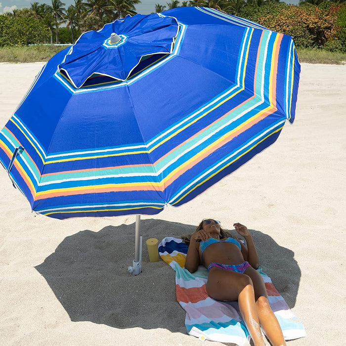 7Ft Heavy Duty High Wind Beach Umbrella Parasols with Sand Anchor & Tilt Sun Shelter, UV 50+ Protection Outdoor Sunshade Umbrellas Carry Bag for Patio Garden Pool Backyard Stripe Blue