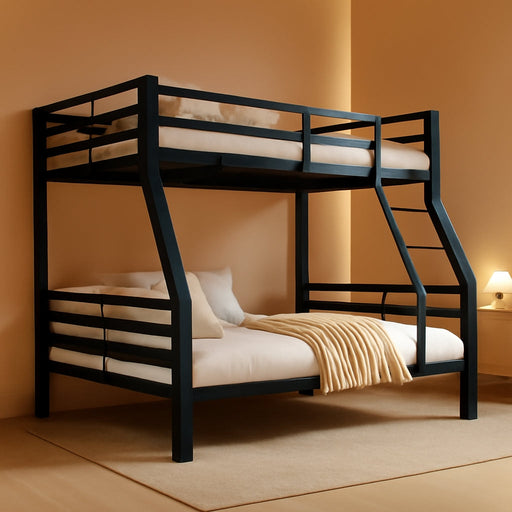 Twin Over Full Bunk Bed HeavyDutyIndustrialStrengthBlack Guardrail