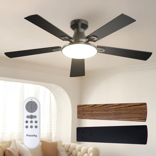 Ceiling Fans with Lights, 52 Inch Sleek Ceiling Fan with Light and Remote Control, 3CCT, Dimmable, Reversible, Noiseless, Black Ceiling Fan for Bedroom, Living Room