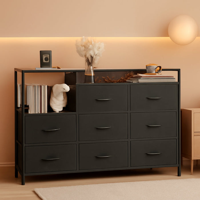 Black Dresser TV Stand for Bedroom with Charging Station and Open Shelves, Fabric Dresser with 8 Drawers and Wood Top, Wide Storage Chest of Drawers for Living Room, Hallway