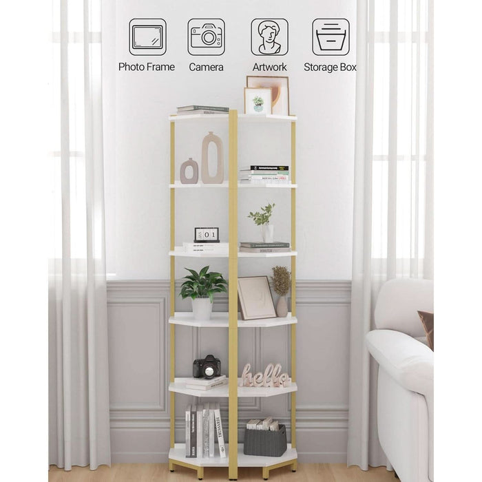 Corner Shelf Stand, Corner Bookshelf, Storage Standing Shelf Unit with Metal Frame, Plant Stand, Corner Bookcase for Living Room, Home Office, Bedroom, 6-Tier White Gold CS06003A