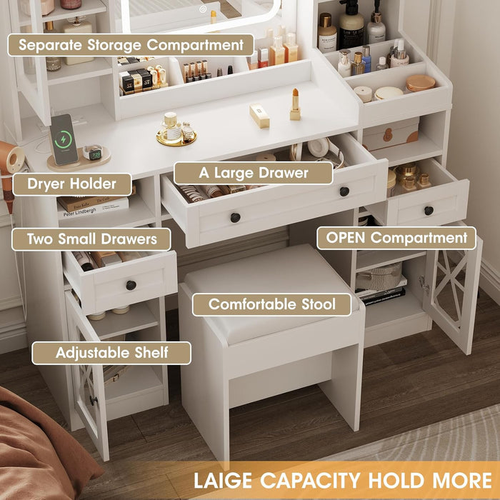 44.5" W Large Vanity Desk with Mirror,Cushioned Stool Makeup Vanity Table Set with Adjustable LED Lights and Power Outlet,Storage Drawers,Shelves for Bedroom Dressing Room White