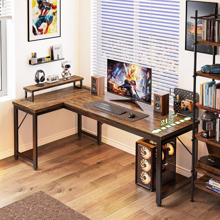 53" L Shaped Computer Desk, Outlets, Monitor Stand, Rustic Brown
