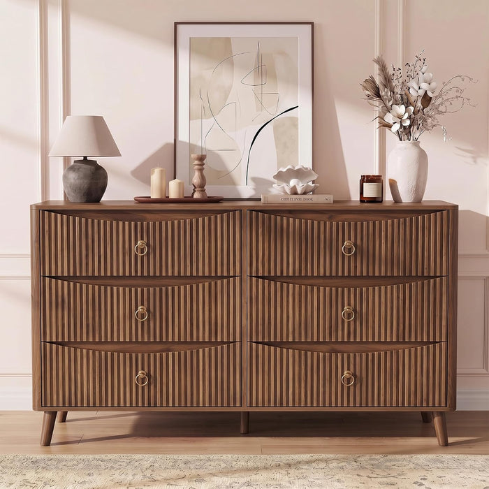 55.1" Wide Walnut Dresser for Bedroom, Fluted 6 Drawer Dresser