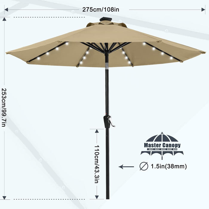 9Ft Patio Umbrella with Solar Lights, Khaki
