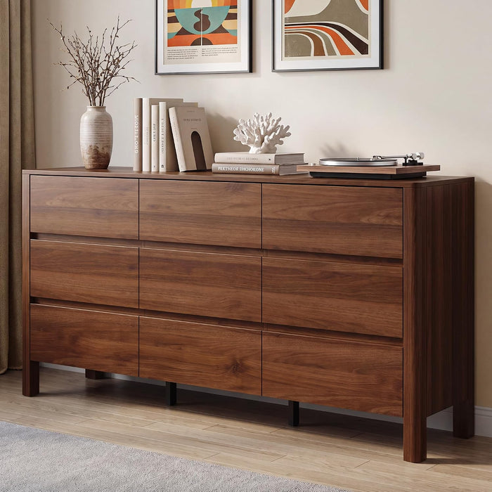 Walnut Dresser for Bedroom, 63" Mid-Century 9 Drawer Dresser with Wide Drawers and Wood Legs, Curved Edge Design, Modern Large Dressers & Chests of Drawers for Bedroom, Hallway.