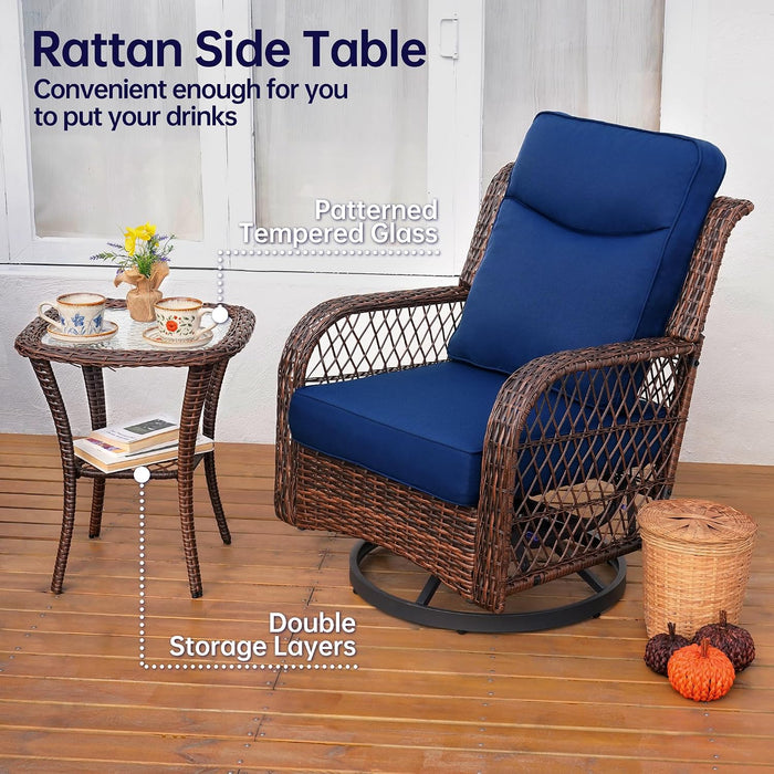 3 Pieces Outdoor Swivel Rocker Chairs with Rattan Side Table