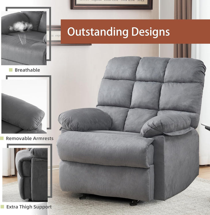 Rocker Recliner Chair, Overstuffed Large Manual Rocking Recliner for Adults, Upholstered Comfy Soft Fabric Living Room Reclining Sofa Chair(Gray)