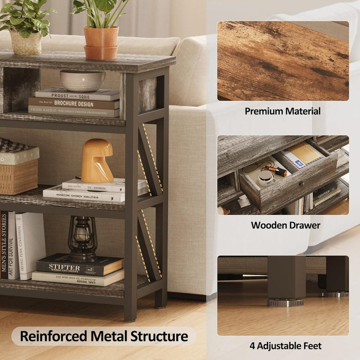 47 Inch Console Sofa Table with Drawer, Industrial Entryway Table with Storage Shelves, Storage Organizer for Hallway Living Room Couch Foyer Kitchen Counter, Grey Oak