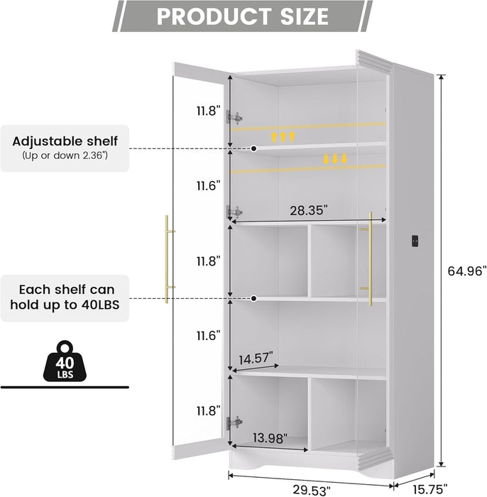Display Cabinet with Glass Doors, 65" Tall Bookcase with LED Lights/Human Body Sensor, Display Case for Collectibles with Storage, Bedroom, Home Office, Living Room, White