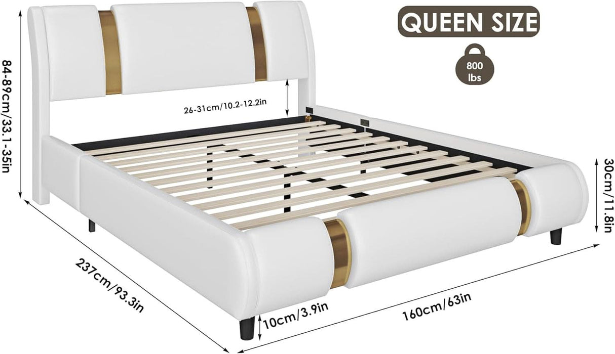 Modern Faux Leather Upholstered Platform Bed Frame with Golden Iron Metal Decor, Adjustable Curved Headboard, Wooden Slats Support, No Box Spring Needed, Queen Size, White