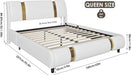 Modern Faux Leather Upholstered Platform Bed Frame with Golden Iron Metal Decor, Adjustable Curved Headboard, Wooden Slats Support, No Box Spring Needed, Queen Size, White