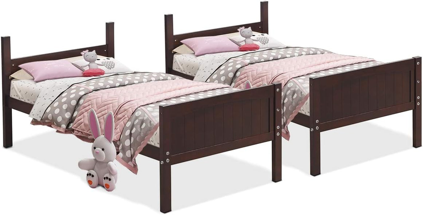 Wood Twin over Twin Bunk Beds Convertible 2 Individual Twin Beds for Kids Children, Solid Rubberwood Bunk Bed with Ladder and Safety Rail (Espresso)