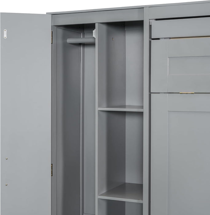 Queen Size Murphy Bed Wall Bed with Shelves, Drawers and LED Lights,Gray