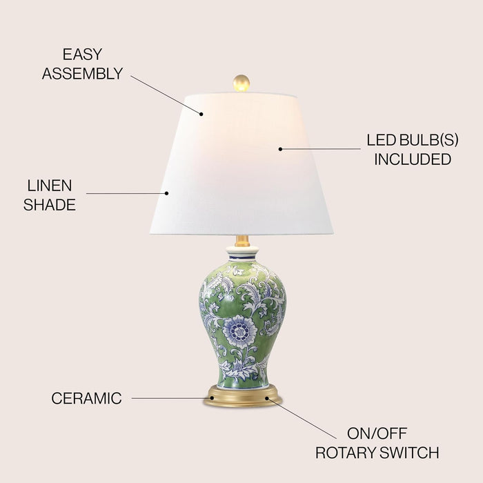 Grace 24" French Country Floral Urn Ceramic Lamp, Green/White