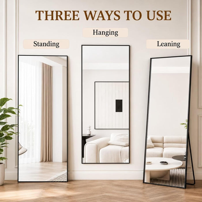 Arched Full Length Floor Mirror with Black Aluminum Frame, 59X16In