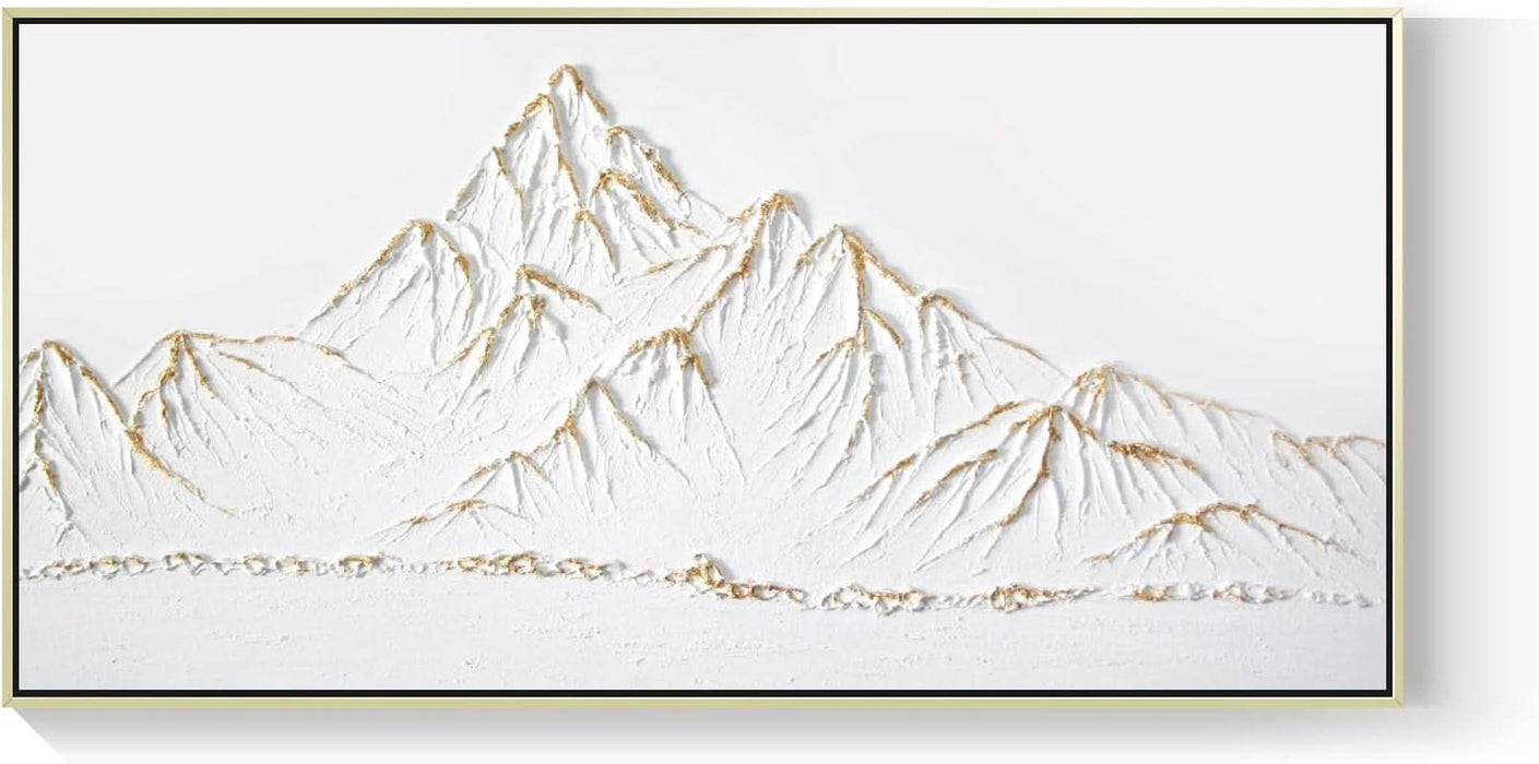 White and Gold Framed Paintings Textured Wall Art - 3D Mountain 100% Hand Painted Canvas Home Decor 48X24 Large Horizontal Contemporary Artwork Decoration for Living Room Bedroom